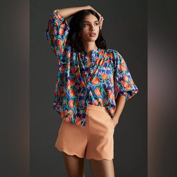 Anthropologie Tops - Grace Poole for Anthropologie Printed Blouse Floral Frutal Lightweight Cotton
